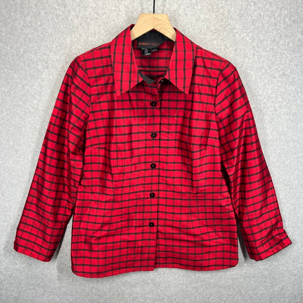 Nina McLemore Button Up Shirt Womens 6 Red Plaid Silk Long Sleeve Collared EUC